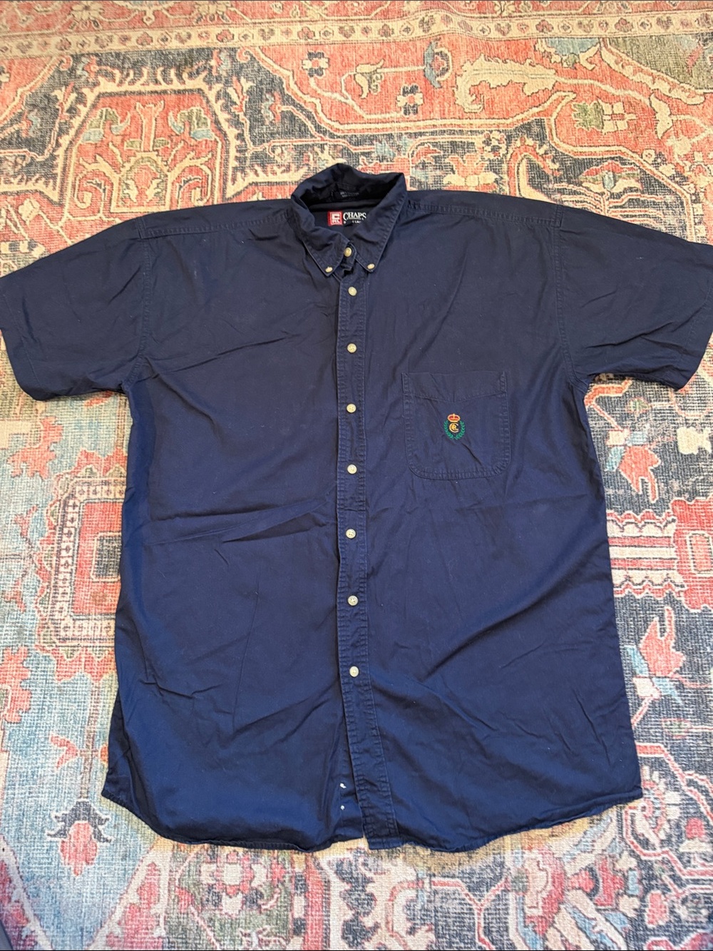 Mid to Late 90s Chaps Navy Short-Sleeve Button-Down Shirt with Pocket Crest